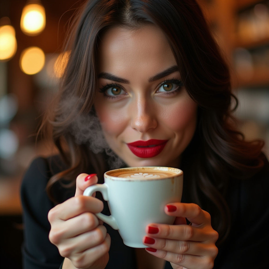 Glamorous Woman with Coffee in Luxurious Cafe