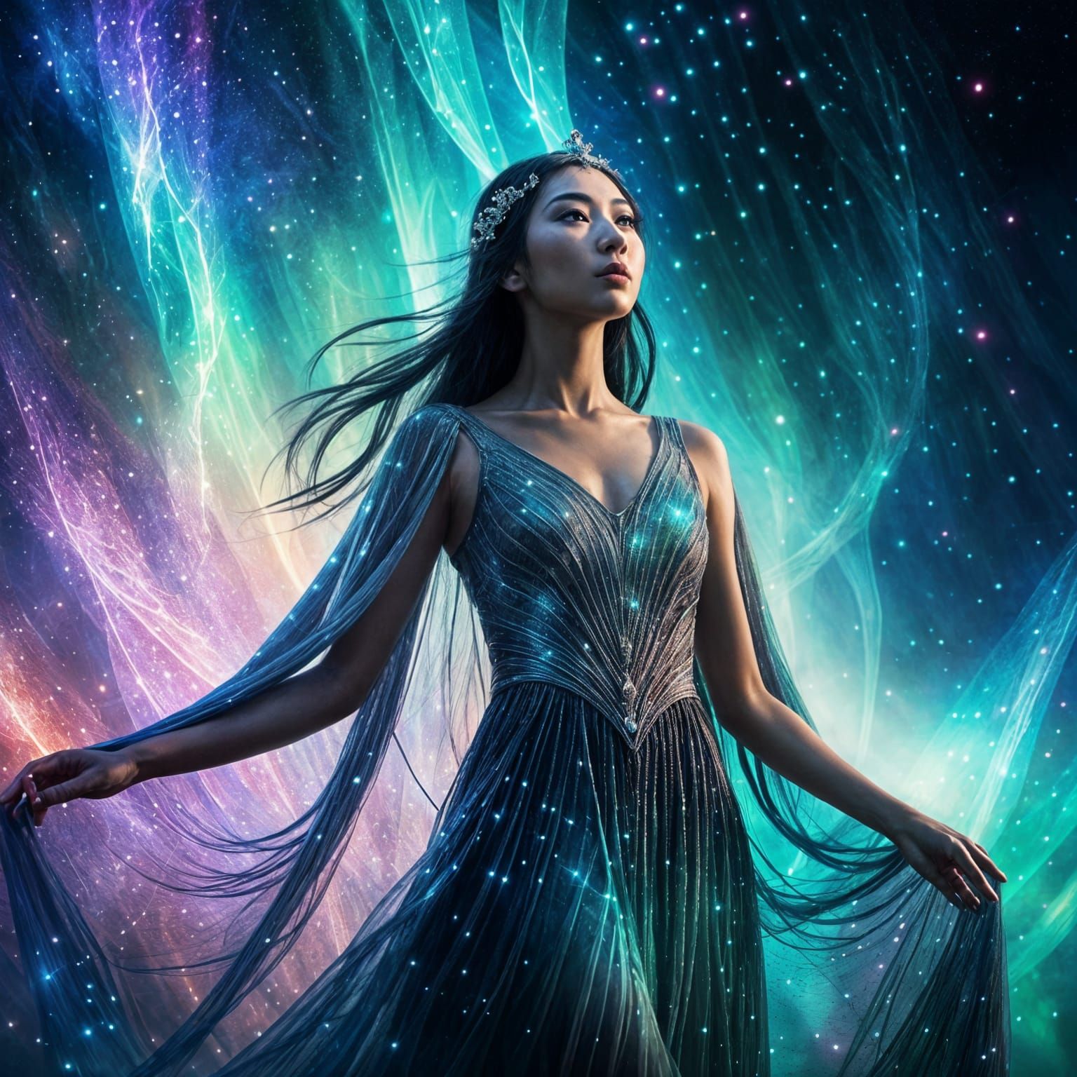 Ethereal Drow Woman Amidst Celestial Lights