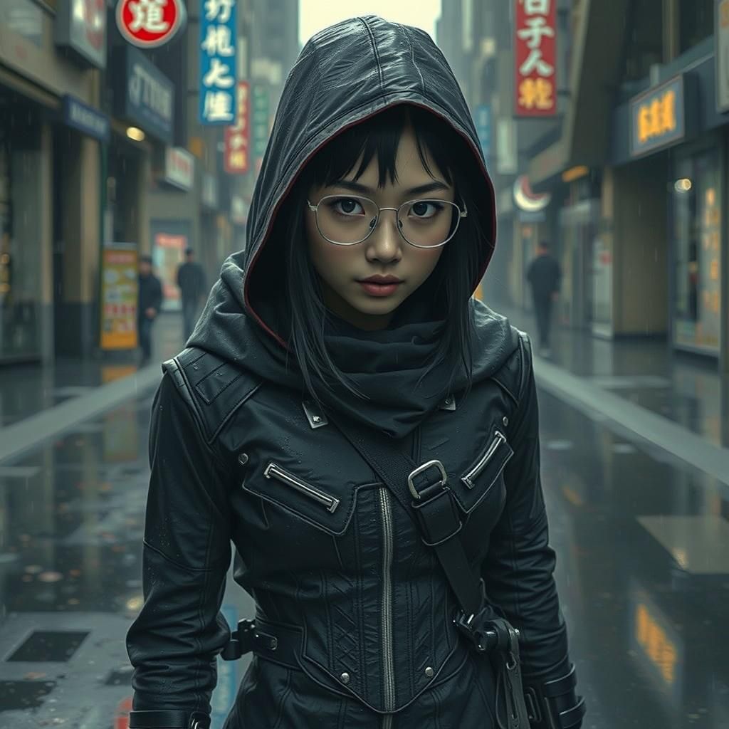 Cyberpunk Ninja Girl in Rain, Photorealistic Detail