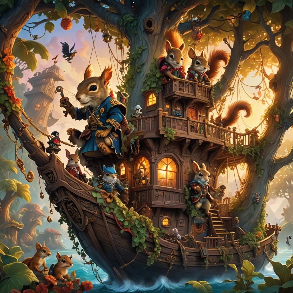 Squirrel Pirates Swashbuckling on Mystical Treehouse Ship