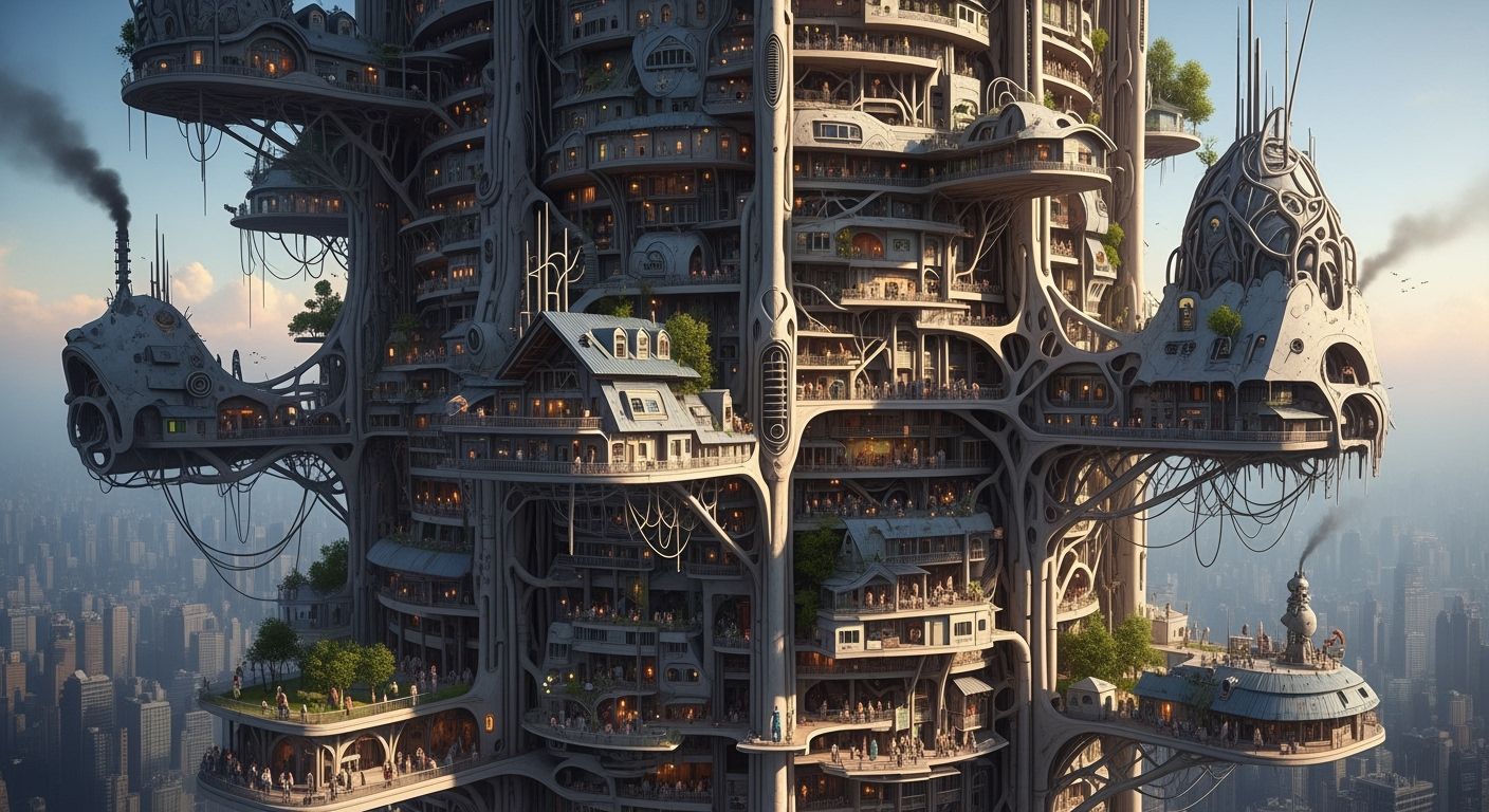Dystopian Skyscraper Cityscape in Maximalist Style