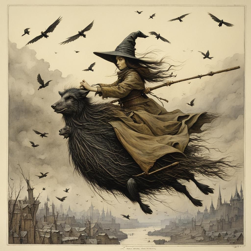Fantasy Witch in Flight, Detailed Whimsical Art