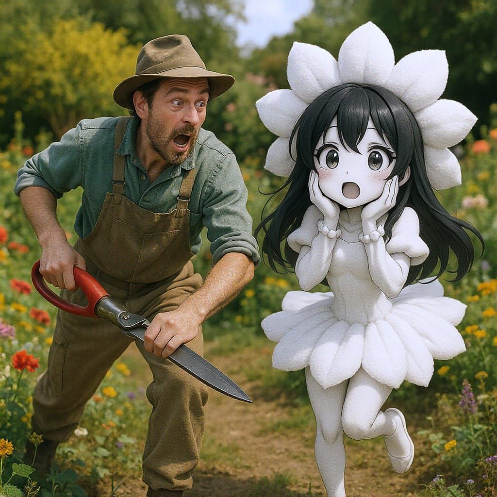 Gardener and Flower Cartoon in Live-Action Garden