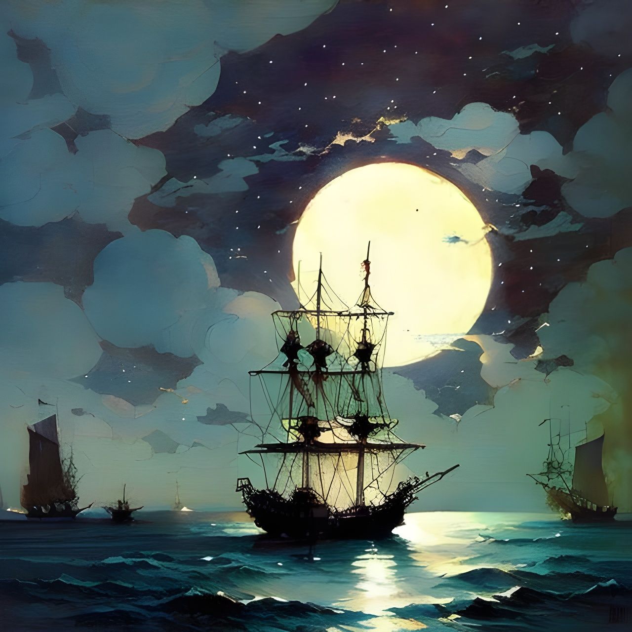 Pirate Ship Under Starry Moonlit Sky