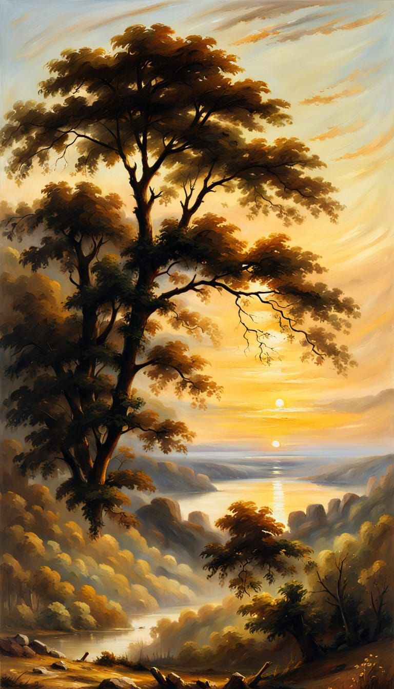Peaceful Sunset Landscape in Romantic Style