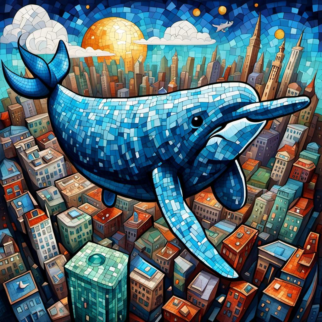 Sky Narwhal Whale Over Modern City: Mosaic Fantasycore