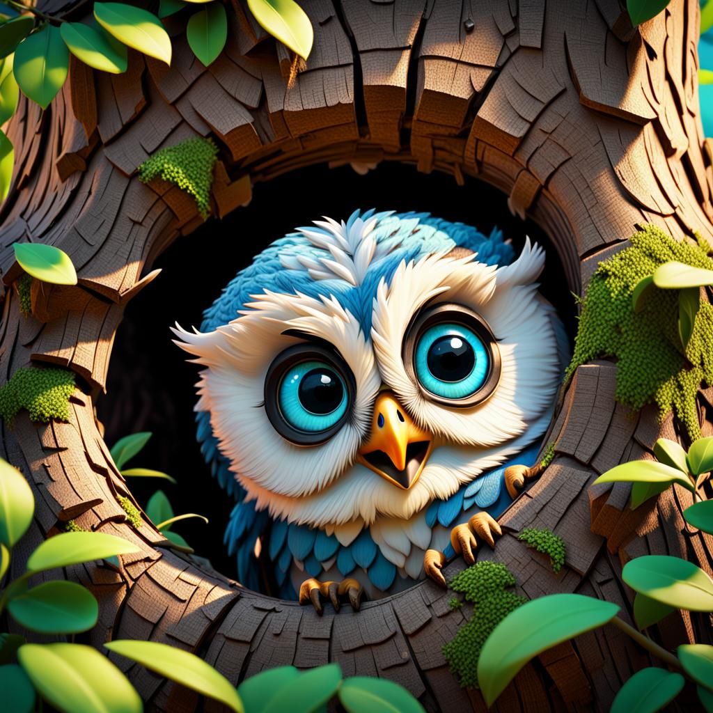 Adorable Baby Owl Peeks Out: 3D Digital Art