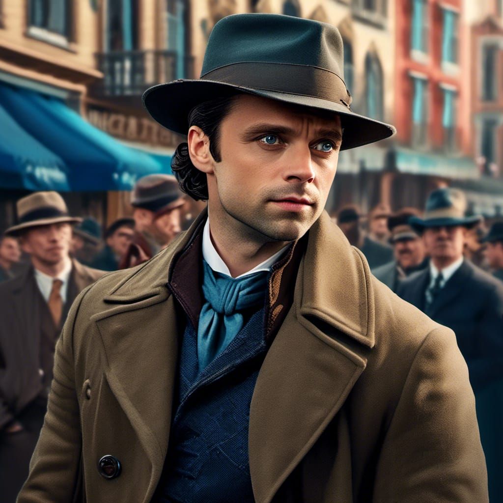 1940s Detective in Town Square: Detailed Digital Art