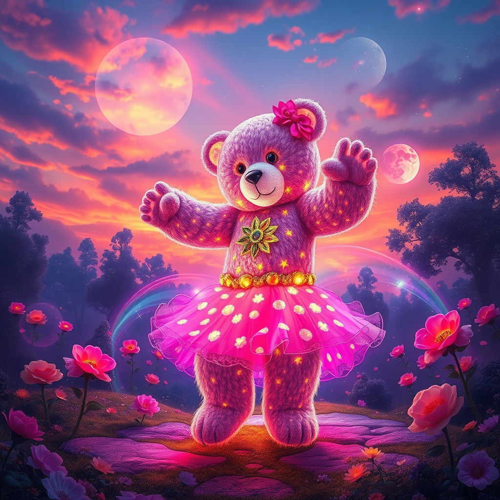 Dancing Teddy Bear Ballerina in Anime Dreamscape