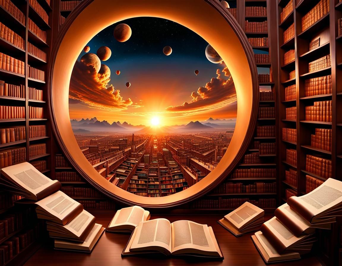 Majestic Books Fly Over Library Planet