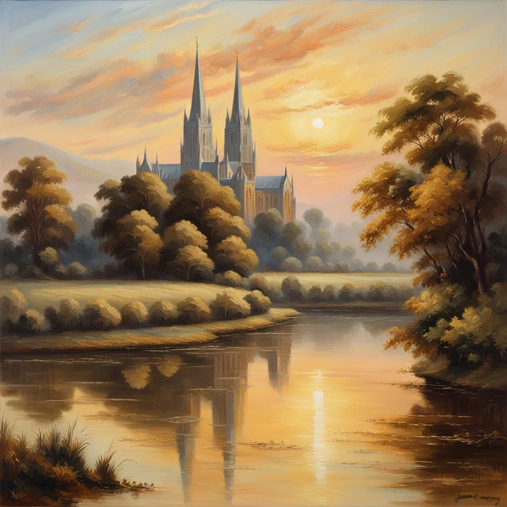 Worcester Cathedral: Romantic Landscape Oil Painting