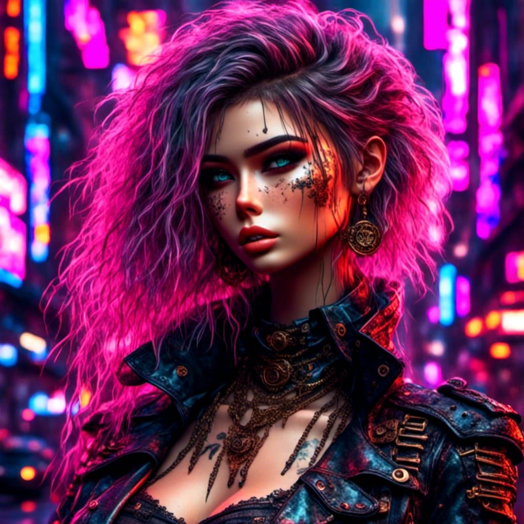 Cyberpunk Steampunk Portrait in Neon Cityscape