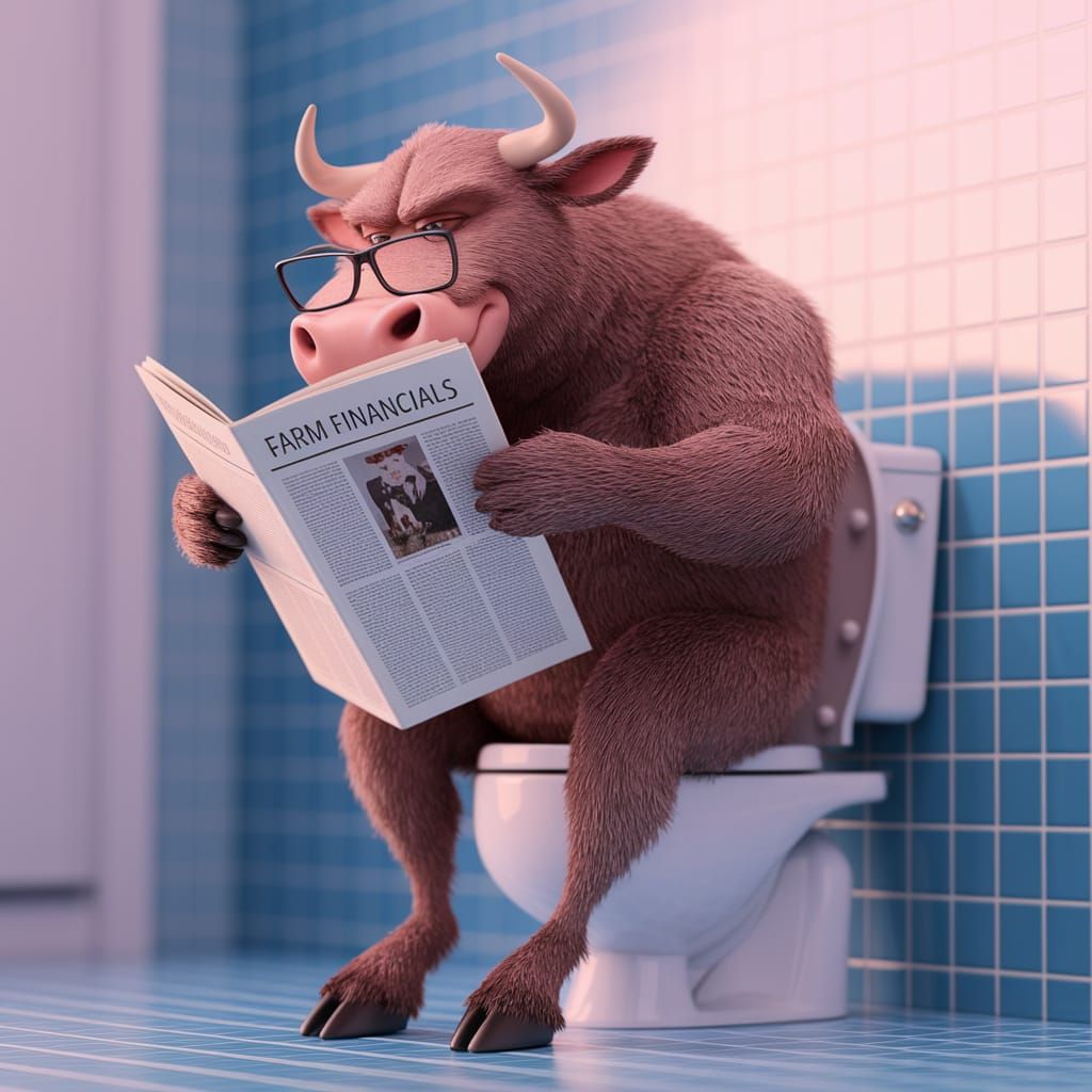 Smug Bull Reads Newspaper on Toilet, Pixar-Style 3D Render