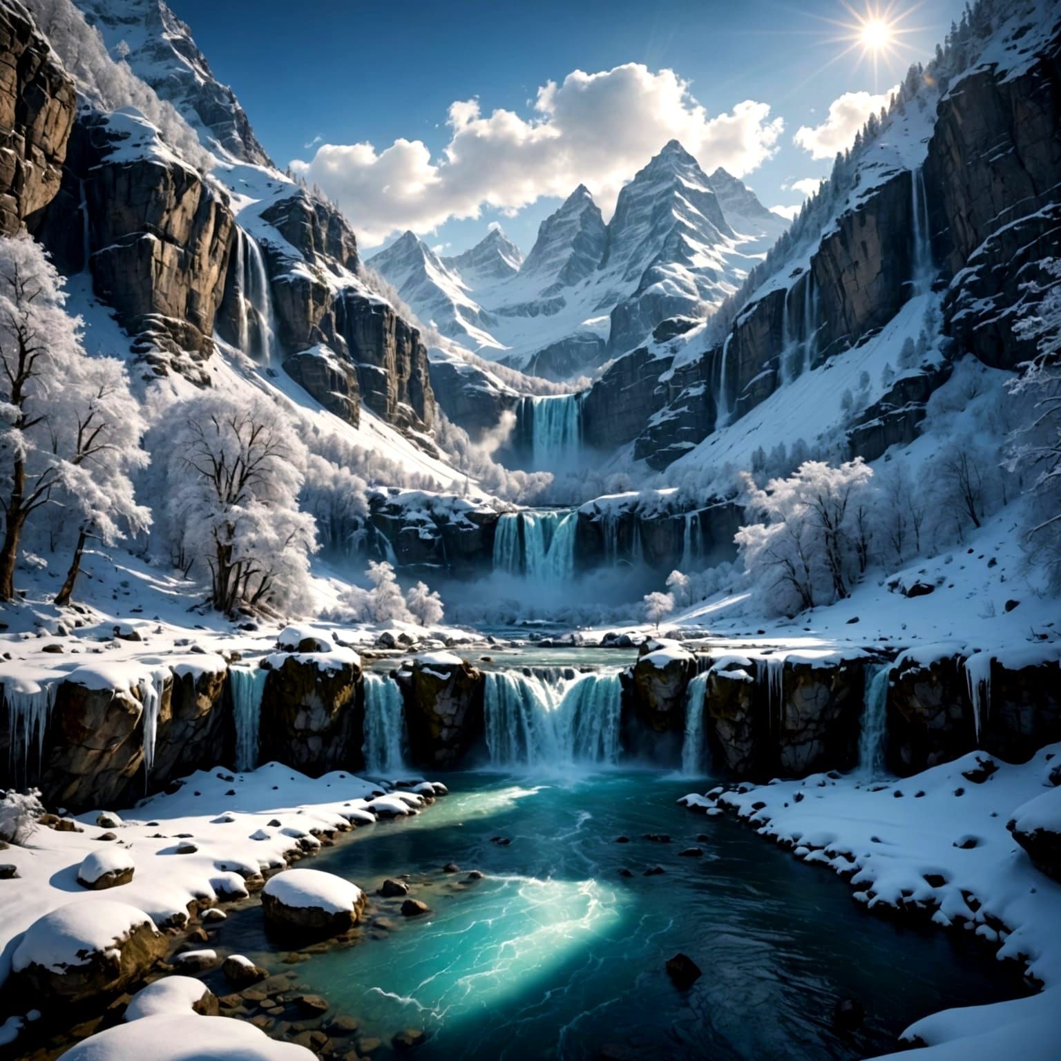 Winter Waterfalls and Snow-Covered Mountains in Sunlight
