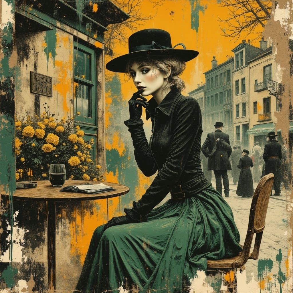 Steampunk Victorian Woman at Cafe, Syd Mead Style