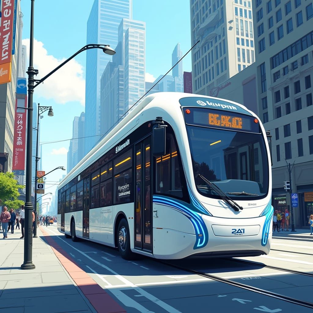 Futuristic Citybus with Vibrant Stripes and Bold Text