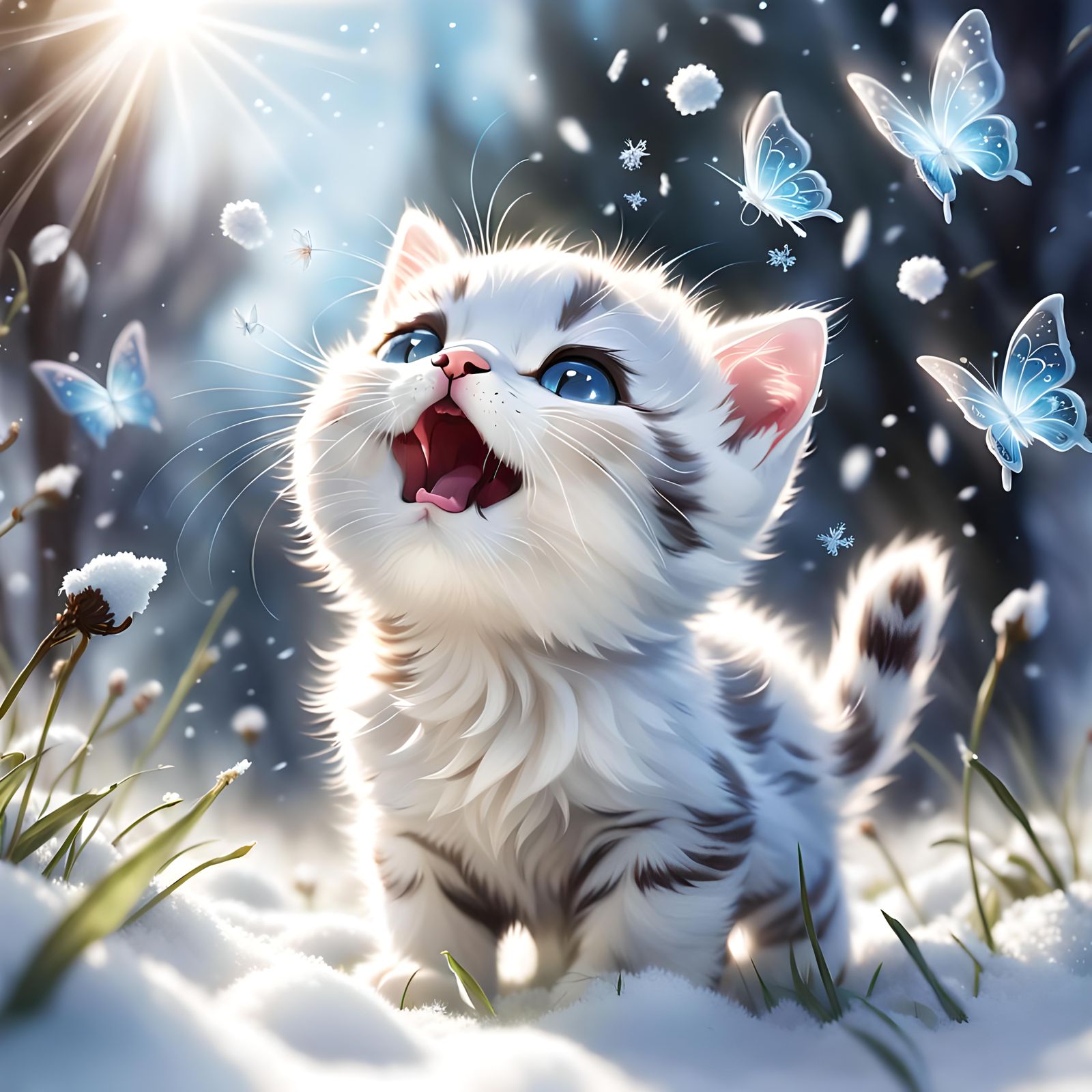 Baby Kitten Yawns in Spring Meadow, Anime Style