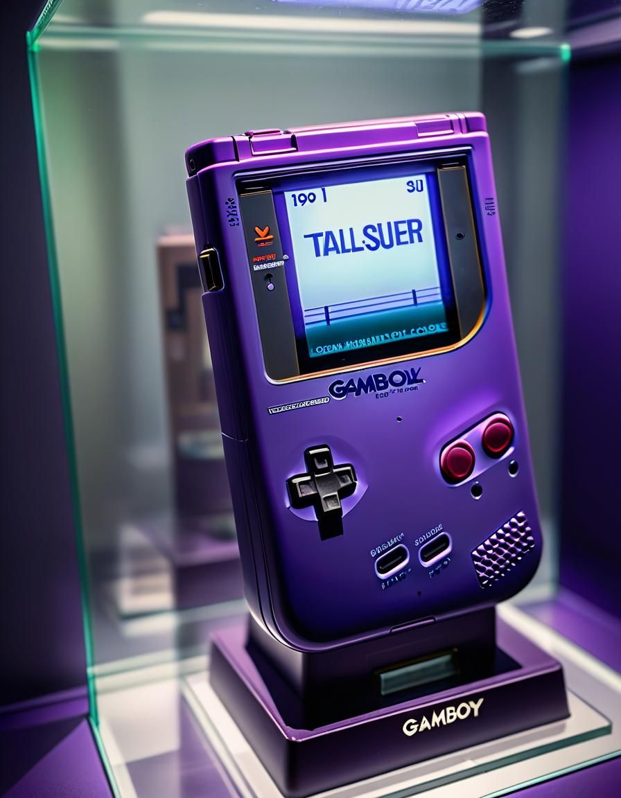 Purple Gameboy Color in Museum: Hyperrealistic Photo
