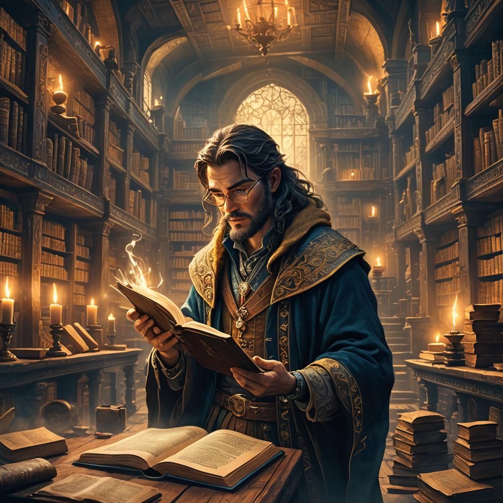 Fantasy Character Embodies Plot in Mystical Library