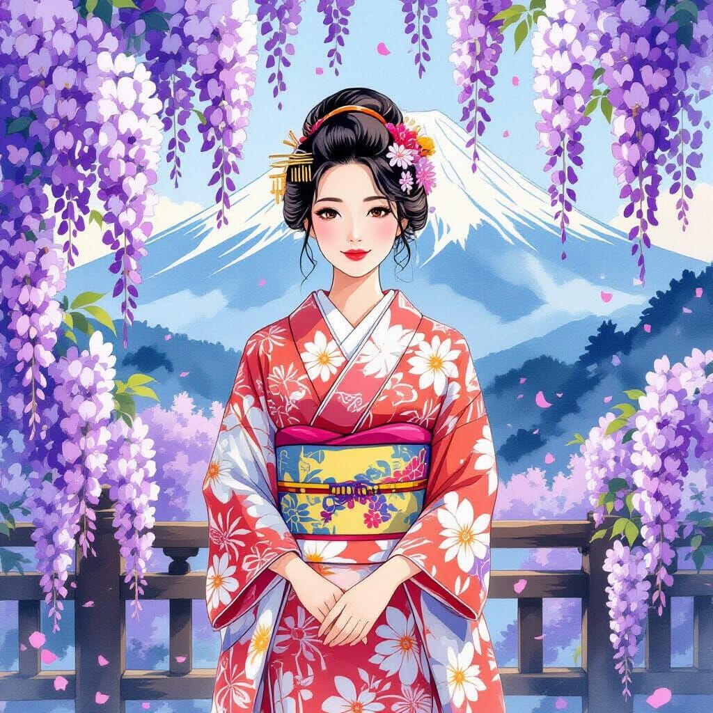 Woman in Kimono with Wisteria and Mount Fuji