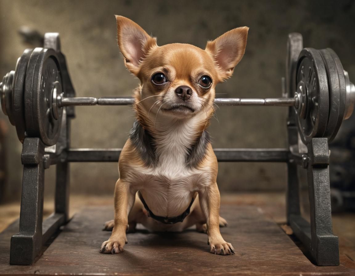 Hyperrealistic Chihuahua Bench Press