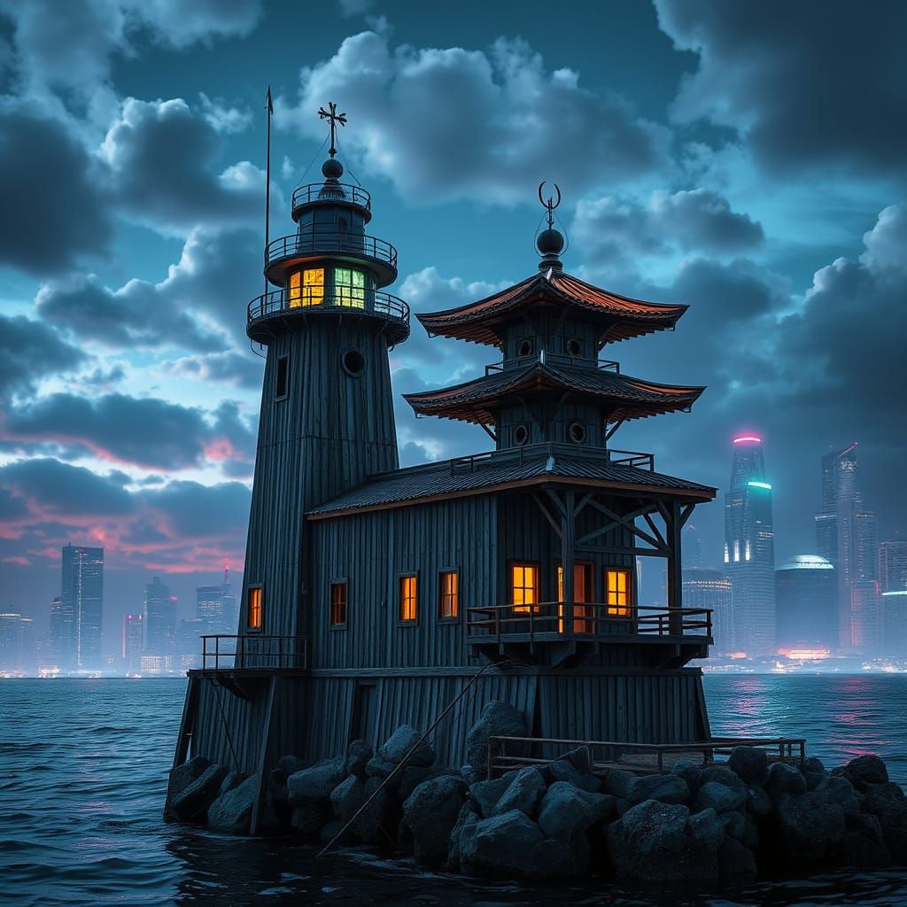 Cyberpunk Lighthouse Blending Stave Church and Pagoda Styles