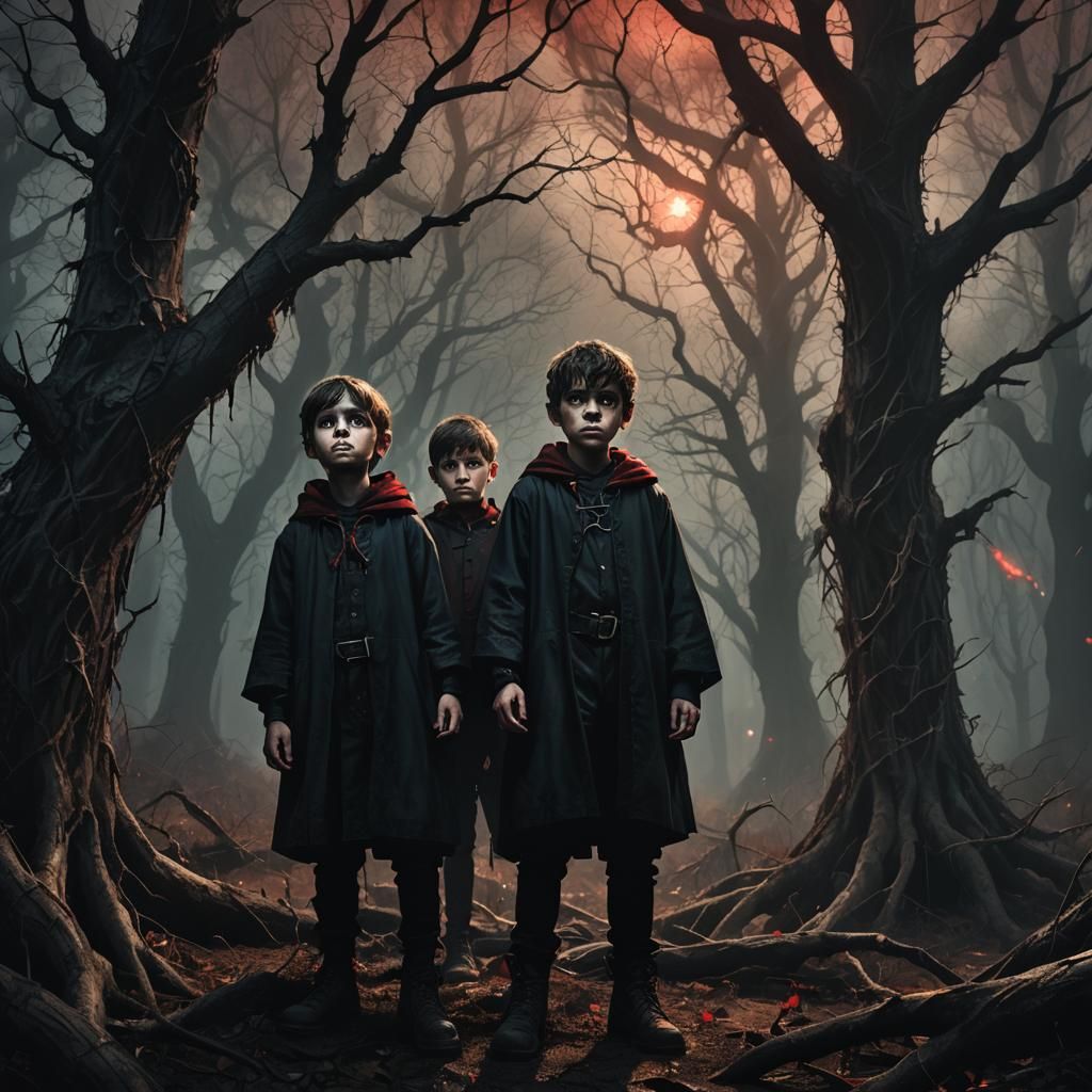 Sinister Children in Dark Forest, Dark Fantasy Illustration