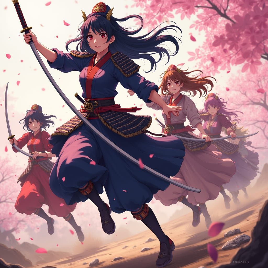 Anime Samurai Warriors Charge on Battlefield