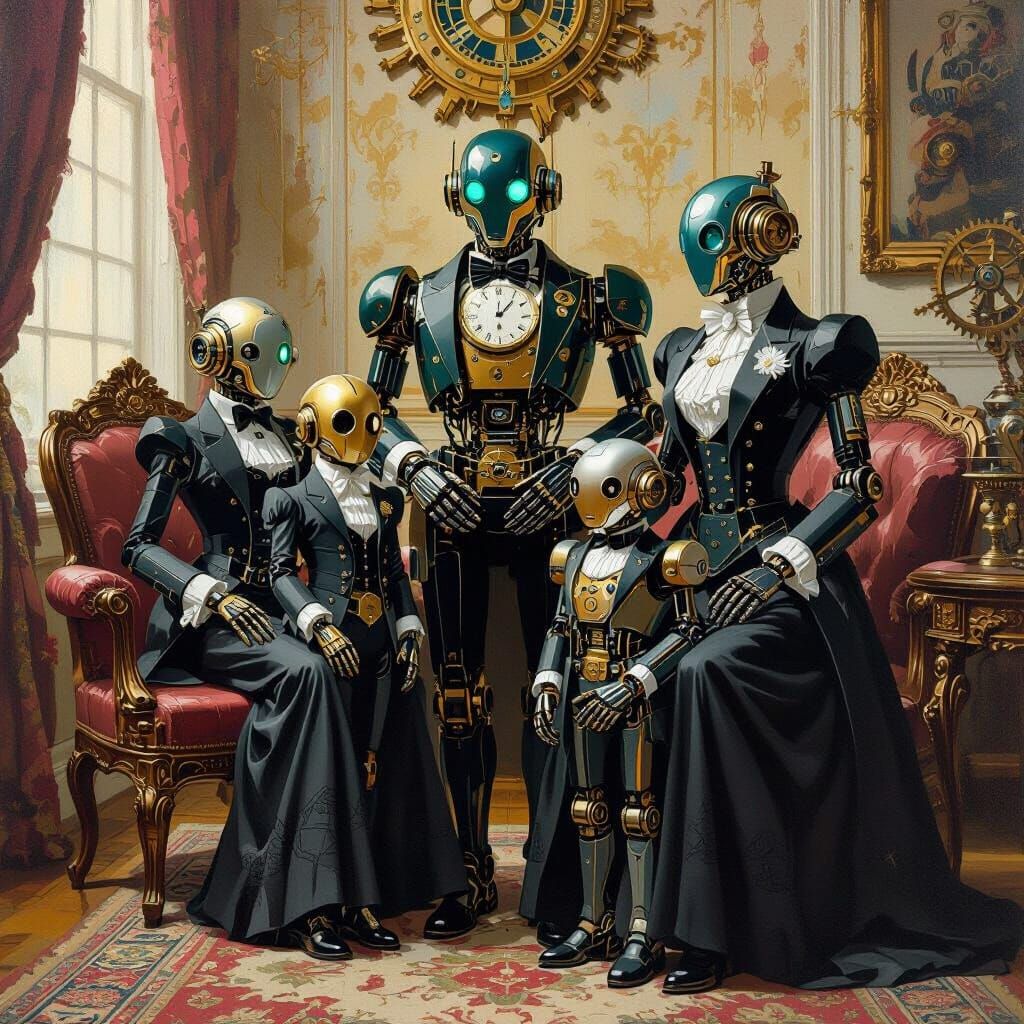 Clockwork Robot Family Portrait in Victorian Style