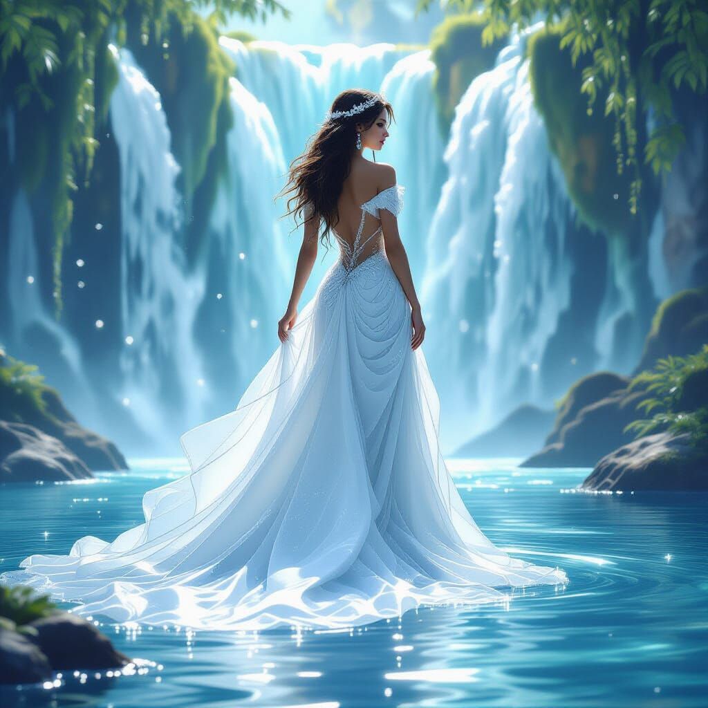 Water Queen Emerges from Crystal Waterfall in Dreamy Fantasy...