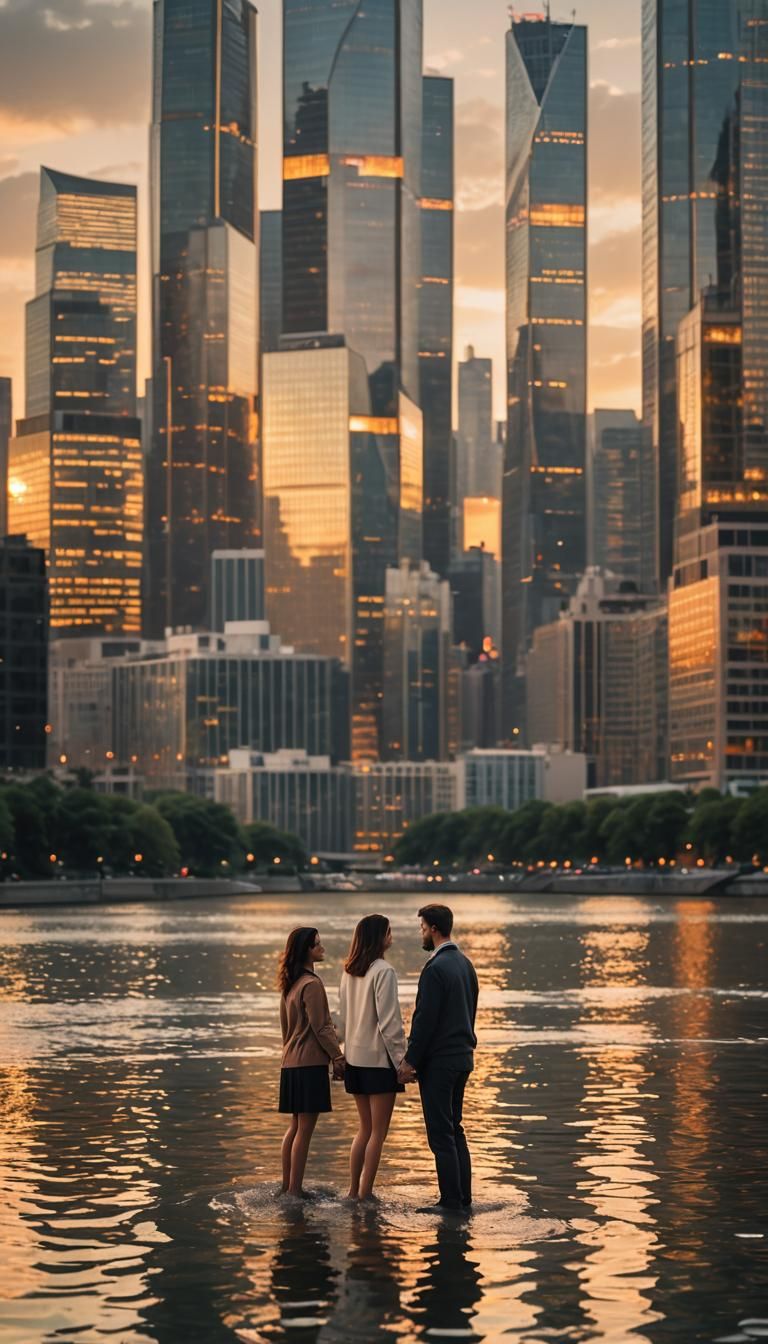 Serene Sunset Reflection Over Urban Riverfront