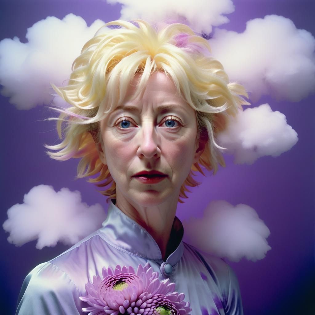 Ethereal Ultraviolet Self-Portrait with Chrysanthemums