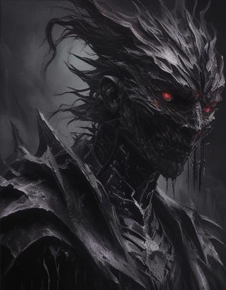 Dark Fantasy Art: Boy and Monster in Grunge Oil Style