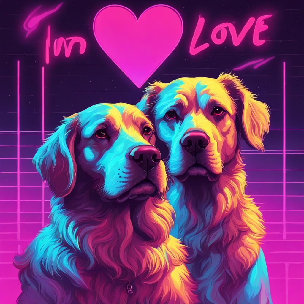 Two Dogs Fall in Love: Synthwave Neon Art