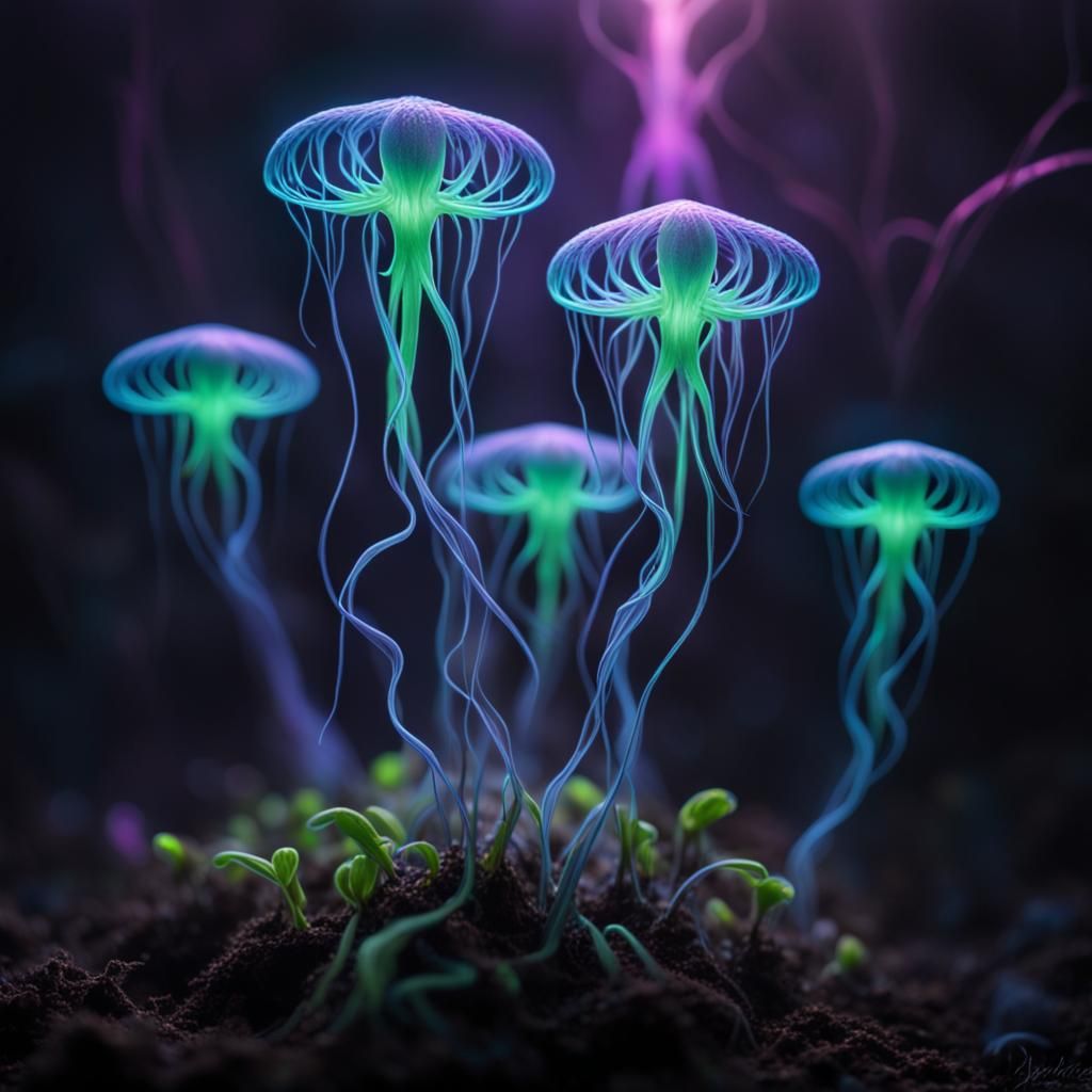 Glowing Alien Seedling Network in Hyperrealistic Style
