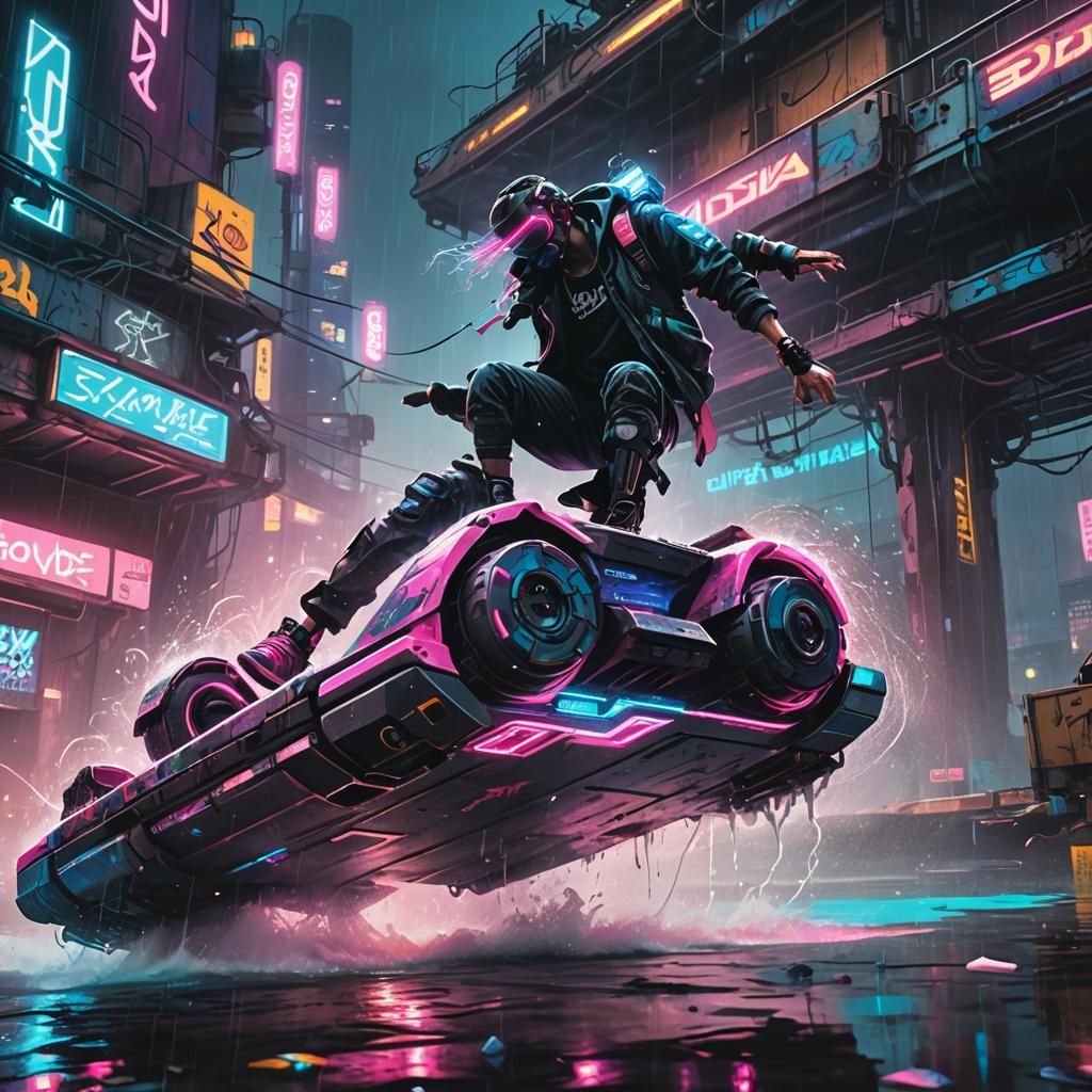 Cyberpunk Hoverboarder Graffiti Art in Neon Cityscape
