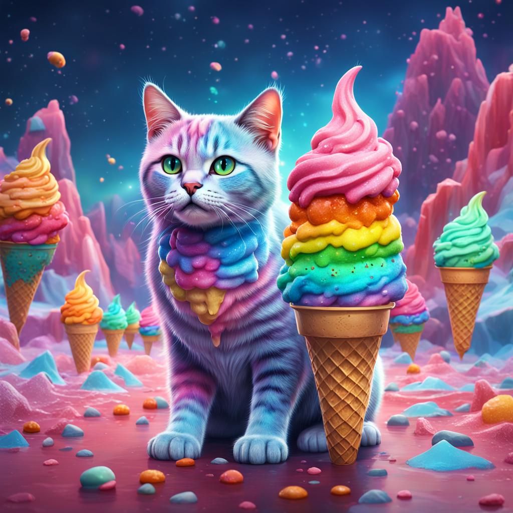 Rainbow Ice Cream Cat: Detailed Fantasy Art