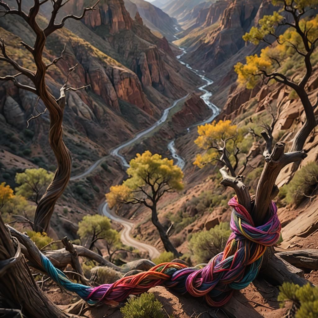 Yarn Art Installation in Canyon Landscape Photography