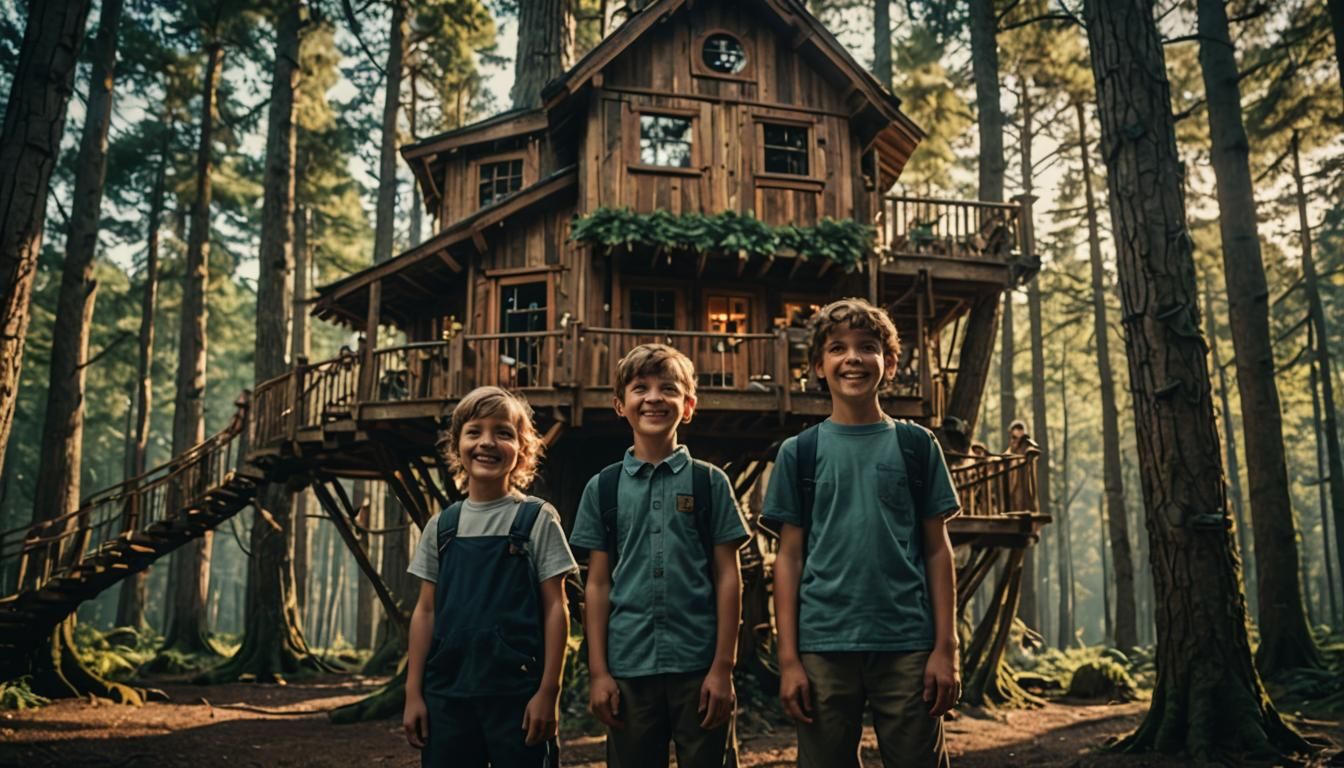 Smiling Kids at a Fancy Forest Treehouse