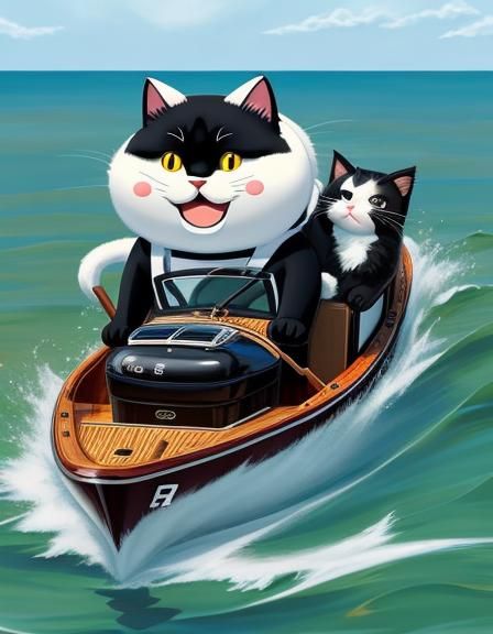 Kawaii Cat and Kitten on Motorboat Adventure
