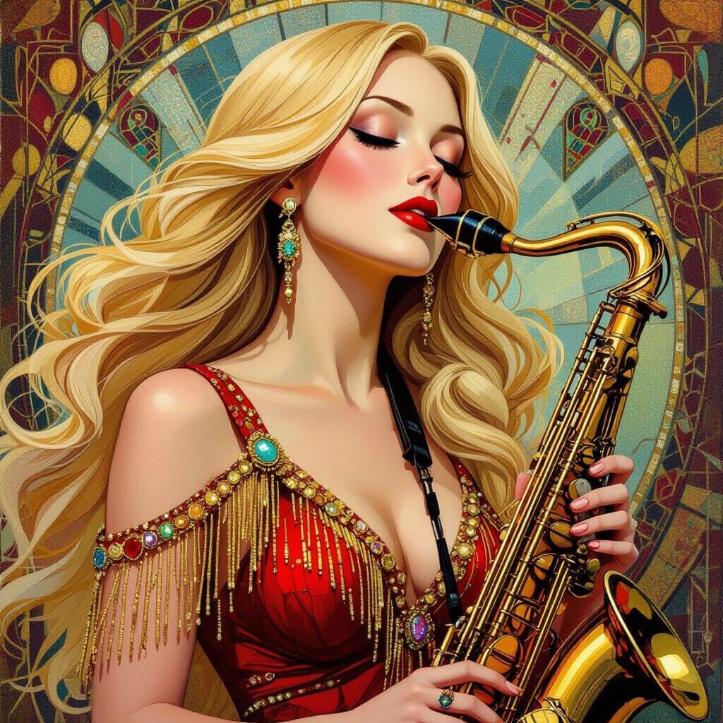 Art Deco Woman Plays Saxophone in Surrealist Pointillism Sty...