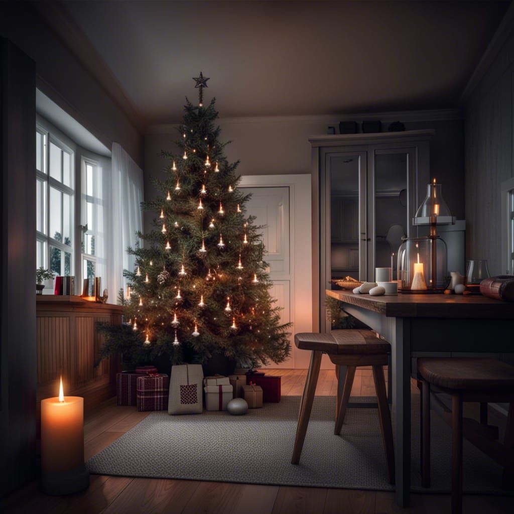 Festive Scandinavian Home Interior with Christmas Tree