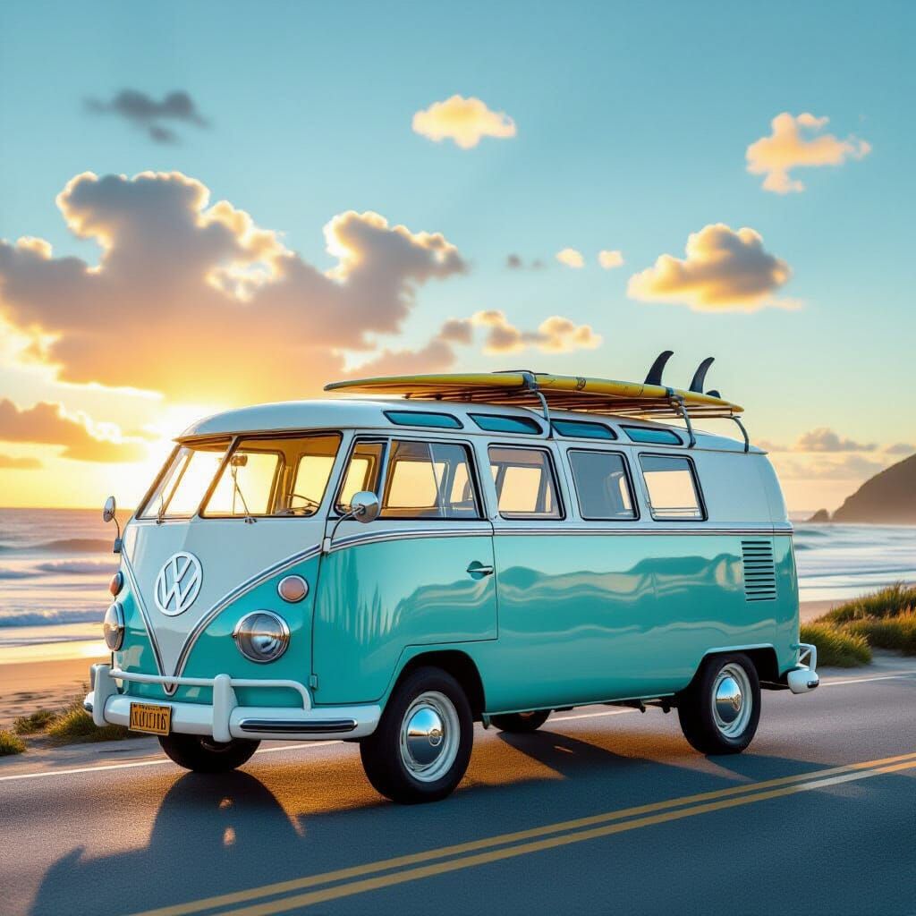 1960s Flower VW Kombi At Beach At Sunset