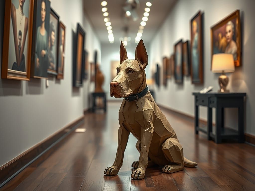 Cardboard Dog Sculpture Still Life in Gallery