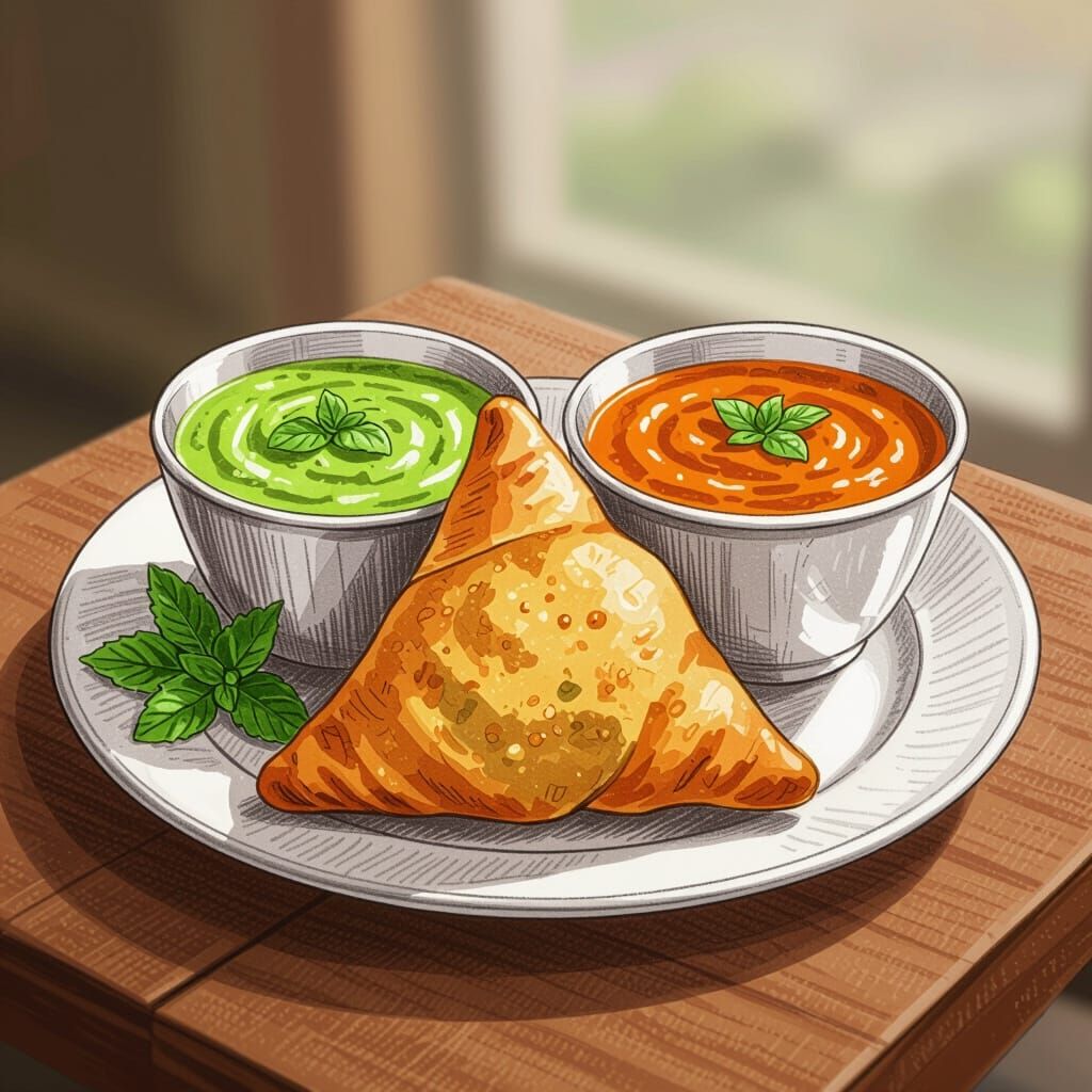 Samosa with Chutney: Hand-Drawn Pencil Sketch
