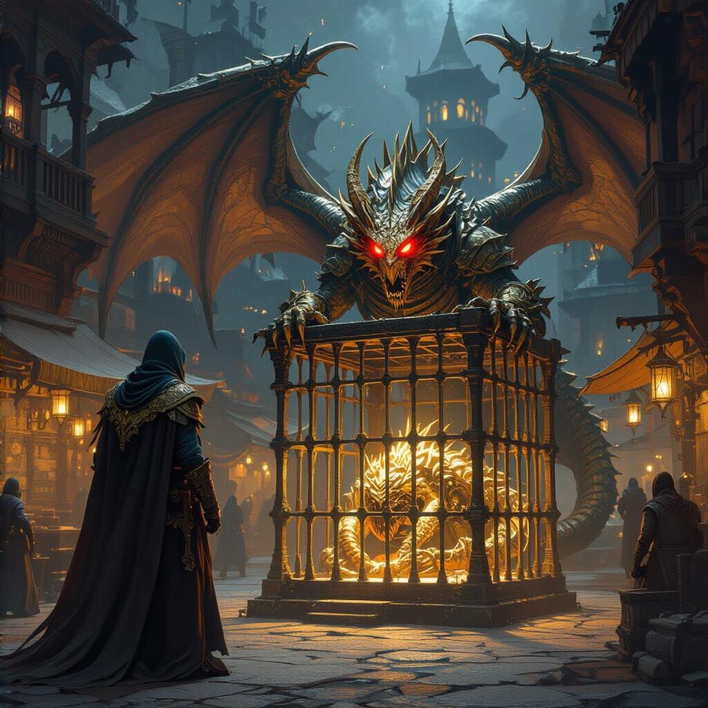 Babau Guarding Gold Dragon in Dark Fantasy City