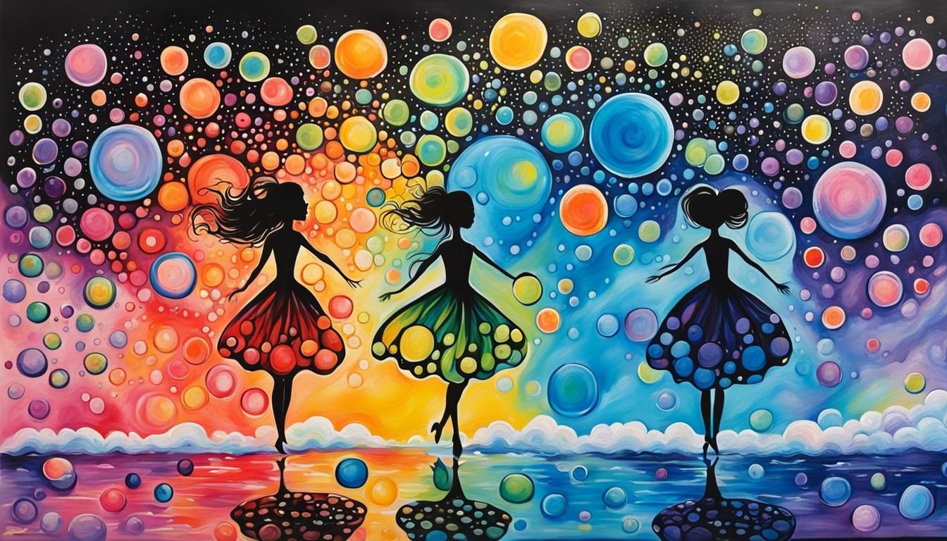 Whimsical Girls Dancing in Rainbow Acrylic Pour