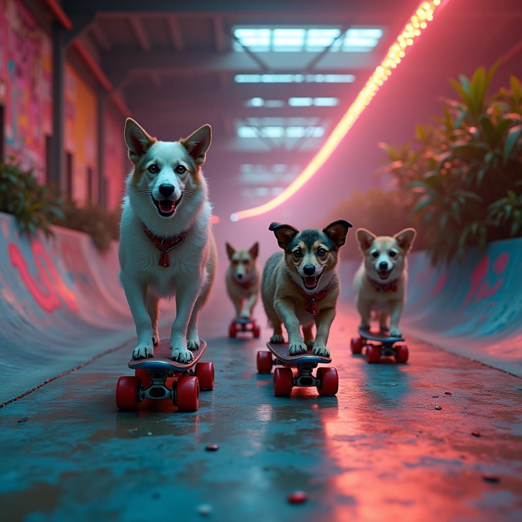 Vibrant Roller Skating Cats and Dogs in a Kaleidoscopic Skat...