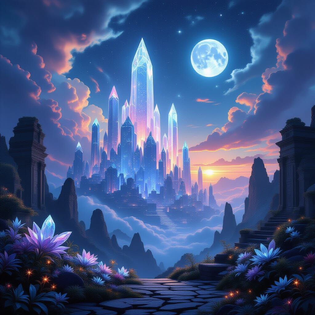 Fantasy Landscape with Crystal Spires and Twin Moons