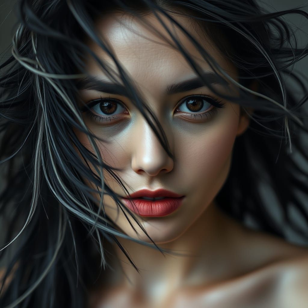 Moody Portrait of a Woman with Windswept Hair